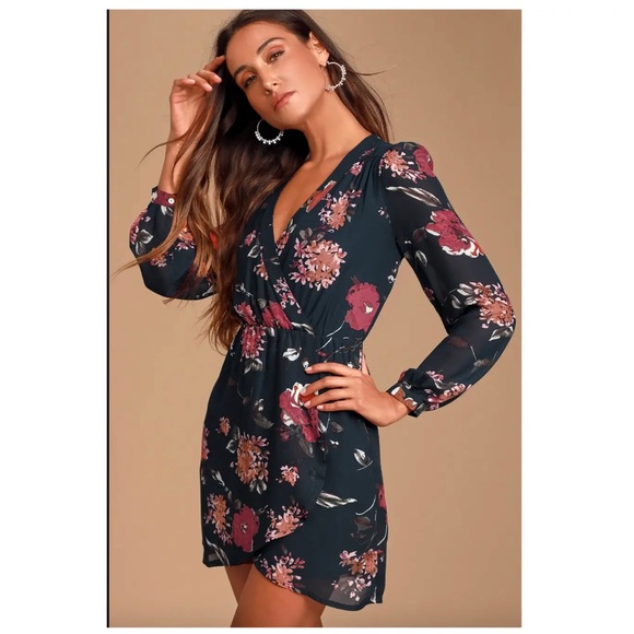 Lulus Dresses & Skirts - Lulus ‘pretty pretender dress’ navy floral print long sheer sleeves mini NEW XL
